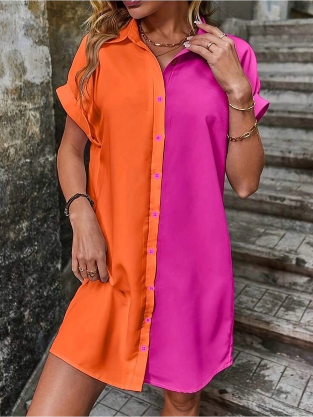 SHEIN Orange and Hot Pink Two-Tone Button Shirt Dress